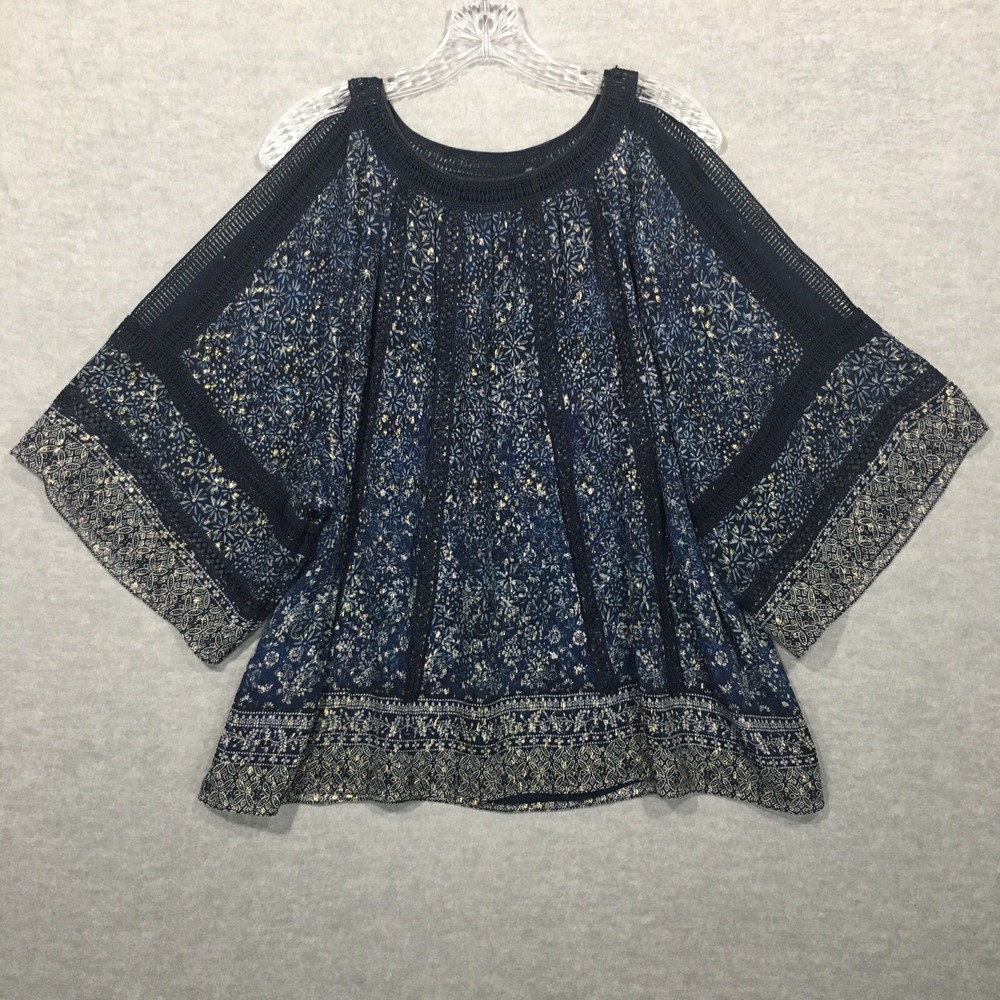 Elie Tahari L Silk Blouse Blue Cold Shoulder Metallic Embroidery Pleated Chiffon